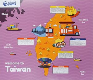 A map of Taiwan that highlights specific regions and what they are famous for.