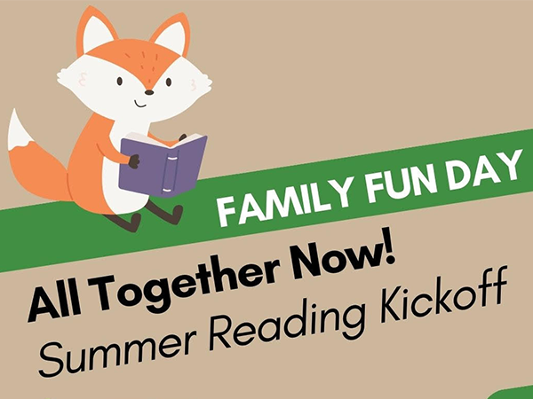 family fun day graphic with fox reading a book