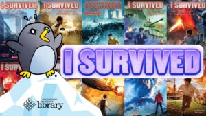 A penguin freaks out atop a mountain of ice with a background of "I survived" book titles