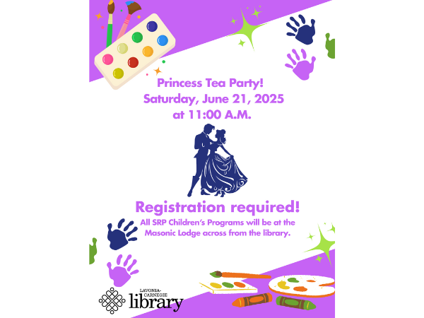 Navy blue graphic of a prince and princess dancing. Colorful paint pallets, crayons and painted hand prints are scattered around.