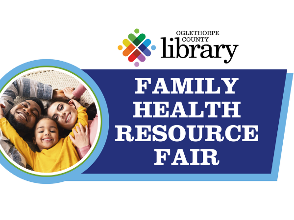 Family Health Resource Fair across a blue banner with library logo and a circle shaped photo of a family smiling.