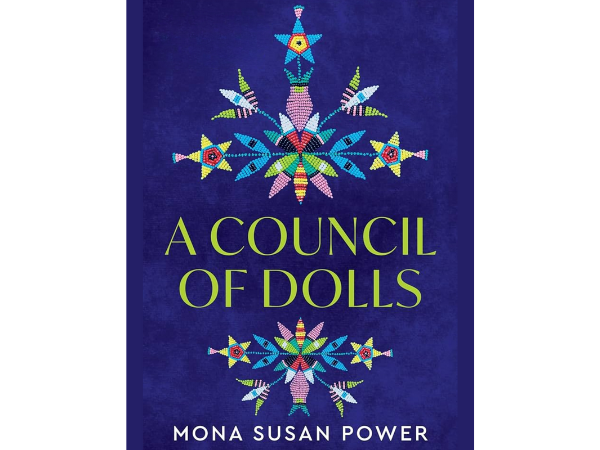 A book cover which reads, "A Council of Dolls, Mona Susan Power," on a dark blue background with Native American beadwork designs in green, blue, pink, and white.