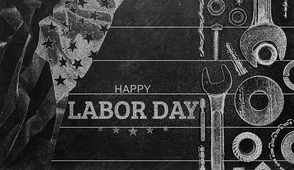 Happy Labor Day. Gritty black and white depiction of American flag, tools, nuts, and bolts.