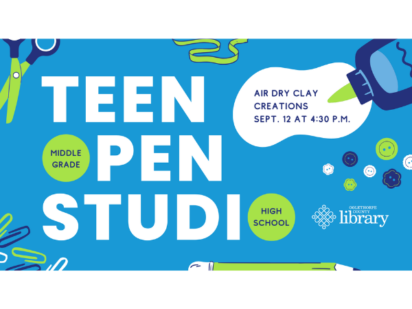 Teen Open Studio: Air Dry Clay Creations Sept 12 at 4:30 PM for Middle Grade and High School age youth with graphics of art supplies and crafting materials, including: scissors, ribbon, paper clips, buttons and a glue bottle with spilled glue.