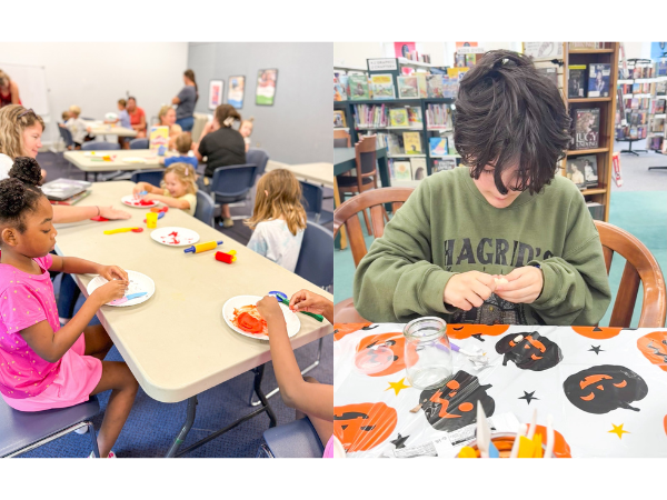 Playdoh Club: Young patrons sit around tables in the community room using dough tools to make brightly colored creations with Playdough. Sensory Bins sorting: A young patron sits at a table sorting fuzzy pom poms into matching cups.