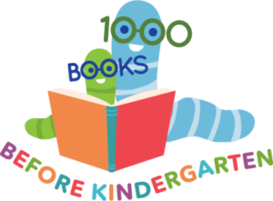 1000 Books Before Kindergarten logo. Cartoon adult worm and kid worm reading book.