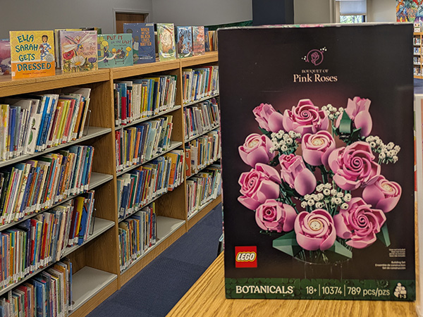 Lego Pink Roses Box sitting on top of bookshelves in a library.