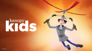 kanopy kids logo. Inspector Gadget detective cartoon character with helicopter hat.