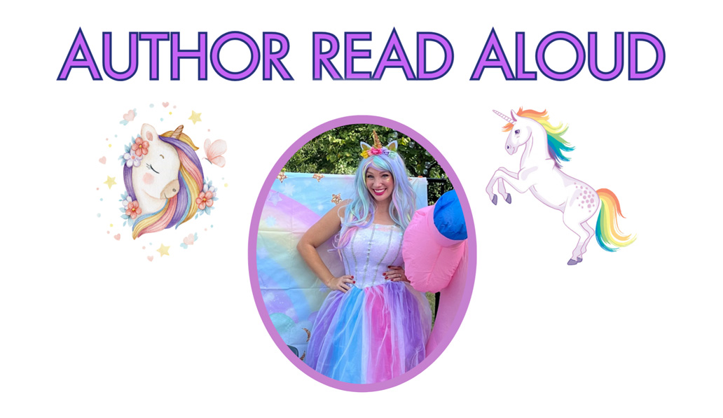 Author read aloud. Woman in rainbow colored dress and unicorns.