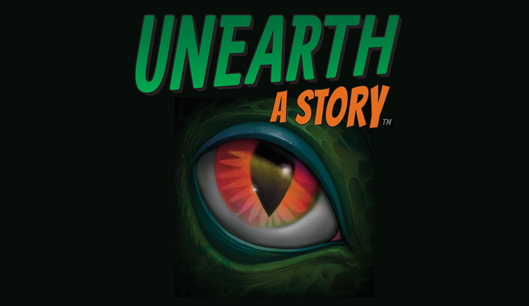 Unearth a story. Closeup cartoon image of dinosaur eye.