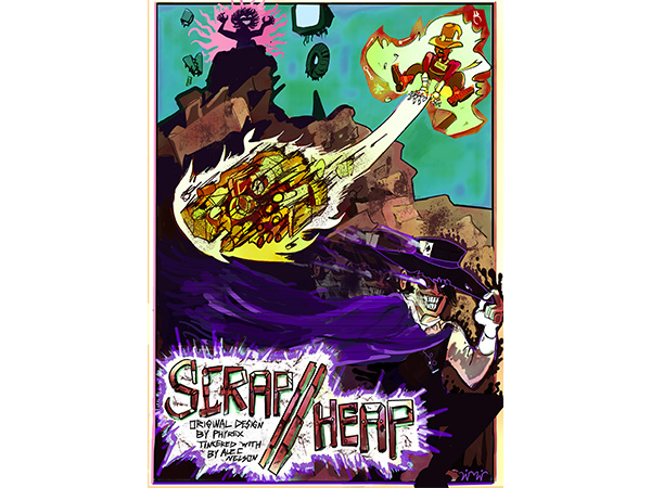 Comic book style image of character in orange in sky shooting down flames, a dark character on a hilltop, and a character in purple cape and hat in foreground. Scrap//Heap. Original design by Phyrex Tinkered and Alec Nelson.